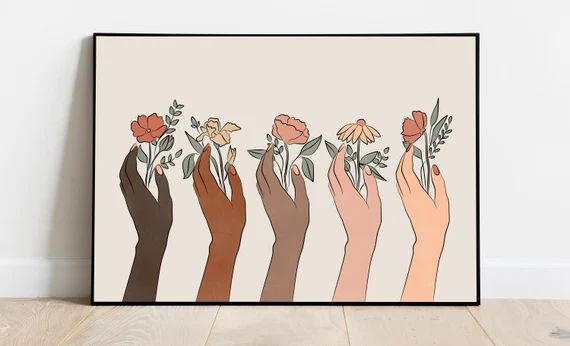 Boho Hands Wall Print, Equality Wall Art, Hands Holding Flowers, Female Multi Racial Art, Flower ... | Etsy (US)