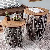 Lavish Home Convertible Round Metal Basket Veneer Wood Top Accent Side Home and Office Nesting End T | Amazon (US)