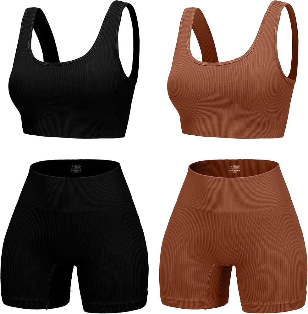4 Piece Workout Sets for Women Seamless Ribbed High Waist Yoga shorts with Sports Bra Outfits | Amazon (US)
