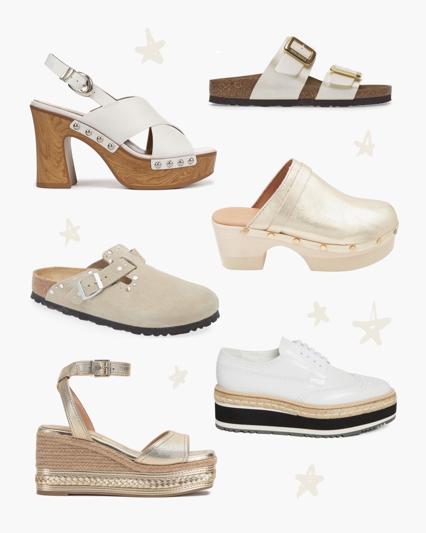 Neutral summer footwear 🤍 shoes, sandals, clogs, wedges, platforms, studded, gold, white, summer outfit 

#LTKOver40 #LTKStyleTip #LTKMidsize