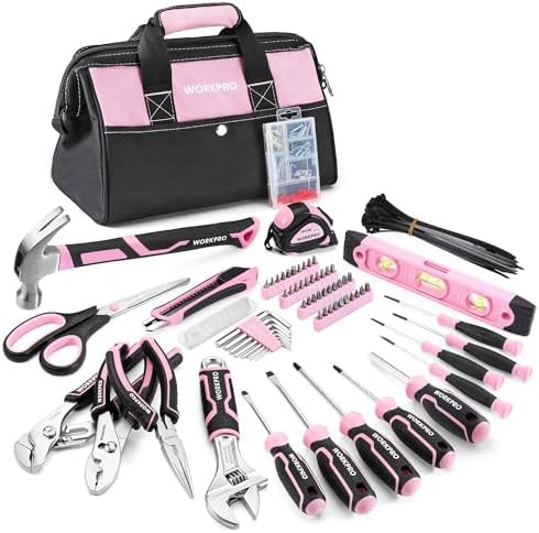 WORKPRO Pink Tool Set, 277 PCS Home Repairing Tool Kit, Pink Tool Bag with 13-Inch Wide Mouth Ope... | Amazon (US)