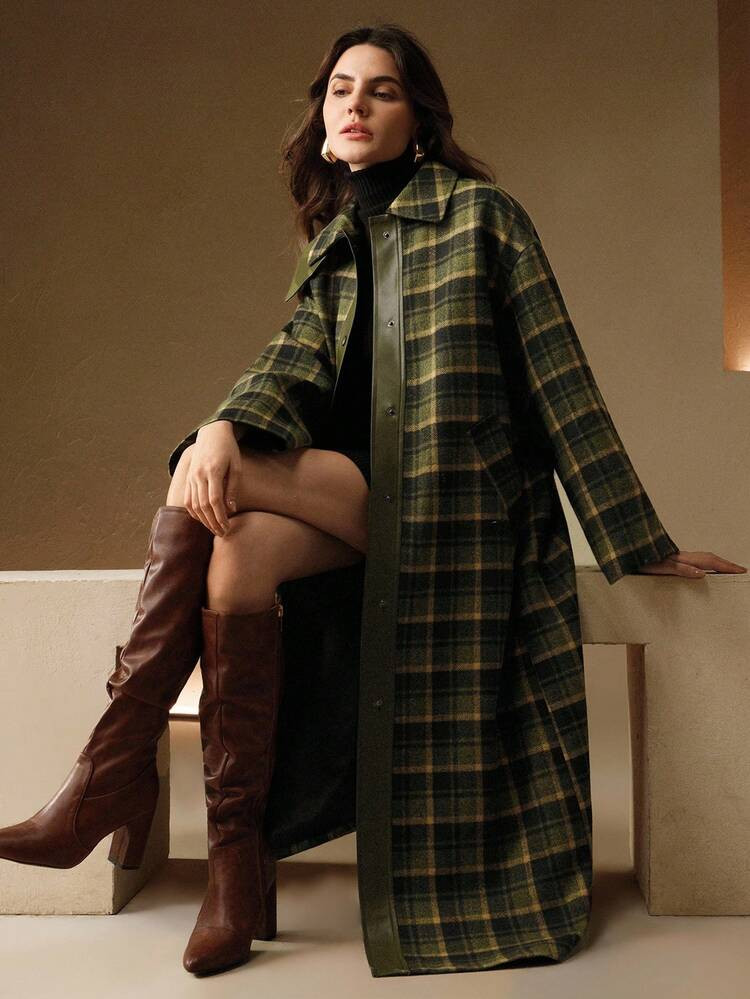 Anewsta Women's Elegant Classic Vintage Plaid Patchwork PU Leather High Collar Long Loose Wool Coat, Suitable For Halloween, Christmas, Fashion | SHEIN