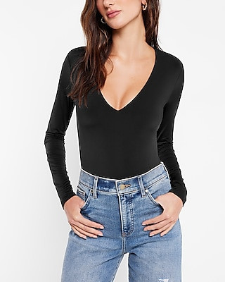 Body Contour Compression V-Neck Long Sleeve Bodysuit Black Women's L | Express