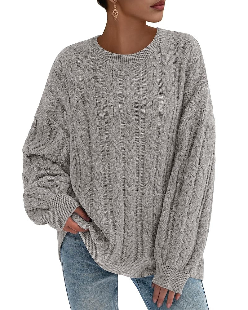 KIRUNDO Cable Knit Sweater Women 2025 Fall Oversized Long Sleeve Chunky Crewneck Cozy Pullover To... | Amazon (US)