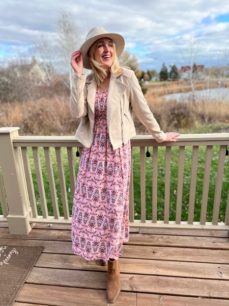 Thanksgiving dress. Fall dress with UPF 50. Pink and orange smocked maxi dress, tan suede moto jacket, brown booties, fedora hat. 





#LTKSeasonal #LTKunder100 #LTKstyletip