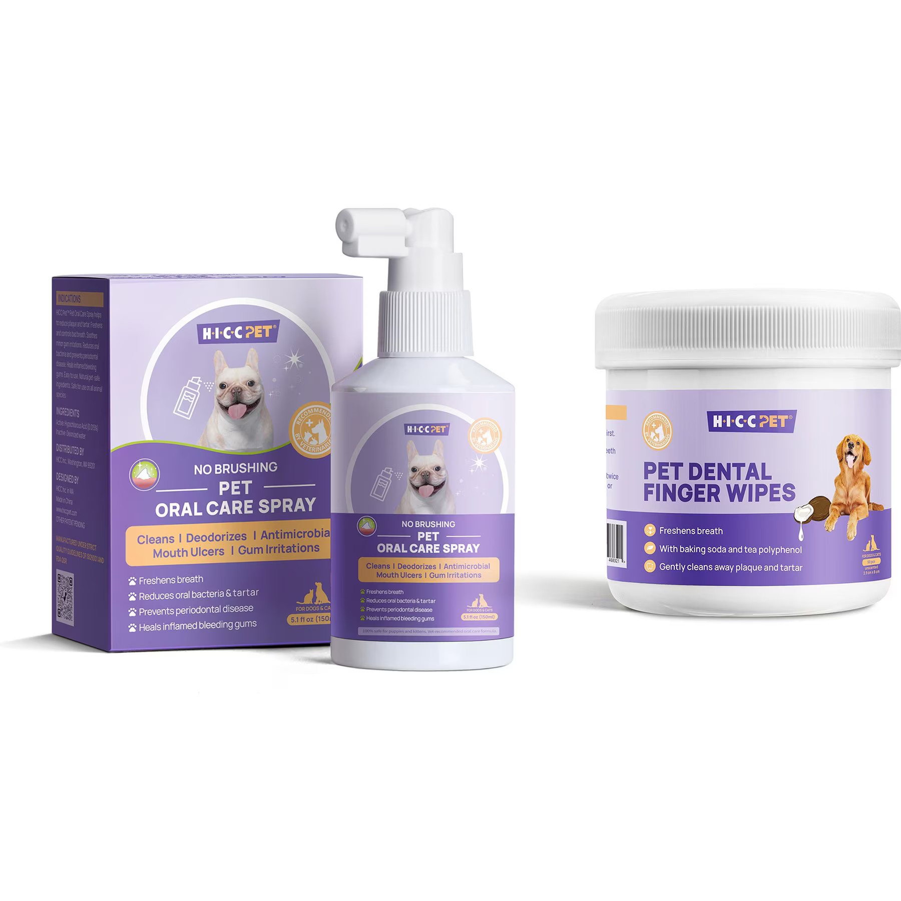 HICC PET Oral Care Dental Spray, 5.1-oz bottle + Finger Glove Cat & Dog Dental Wipes, 50 count | Chewy