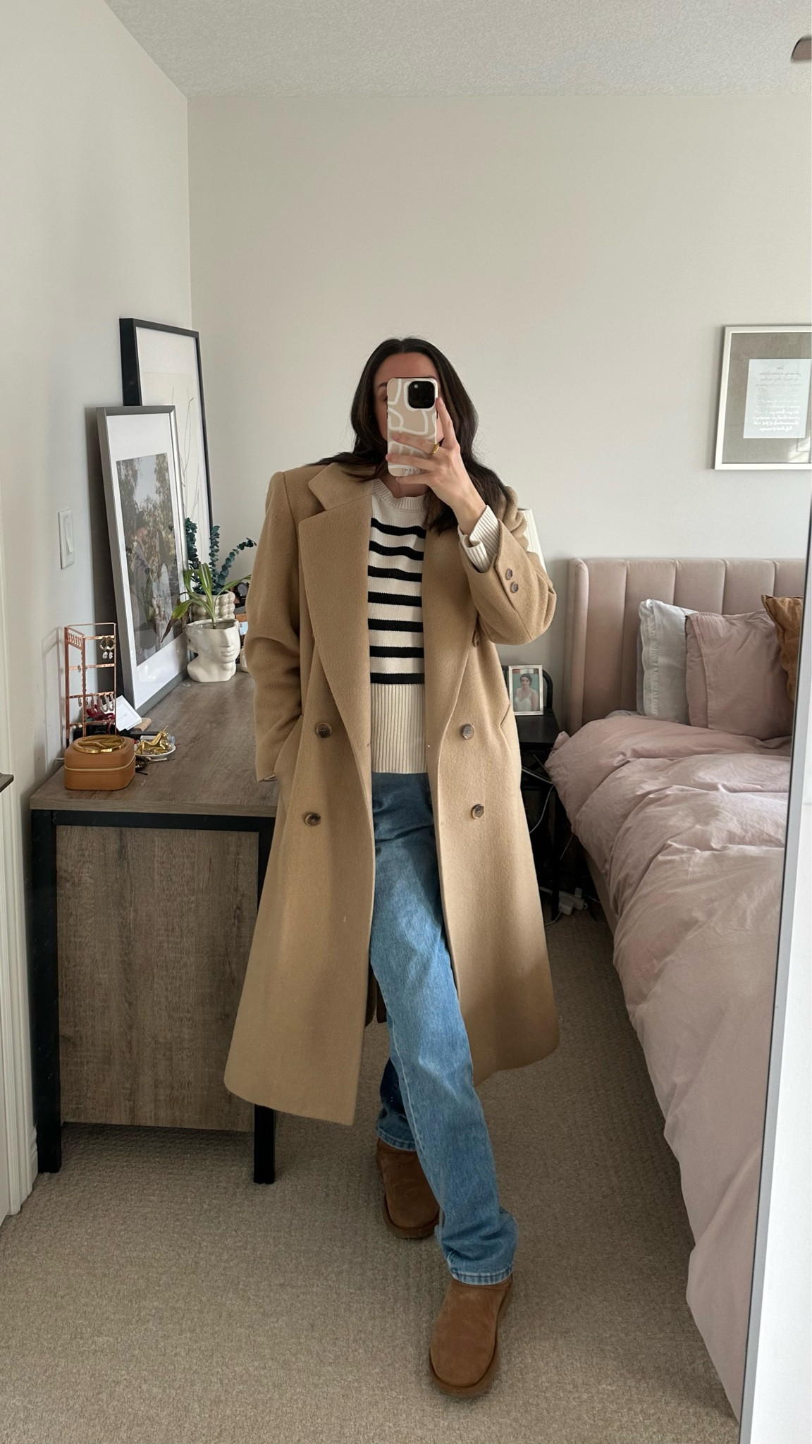 winter outfit idea, camel coat, vintage jeans, Uggs, winter boots, capsule wardrobe, striped sweater

#LTKSeasonal #LTKshoecrush #LTKstyletip