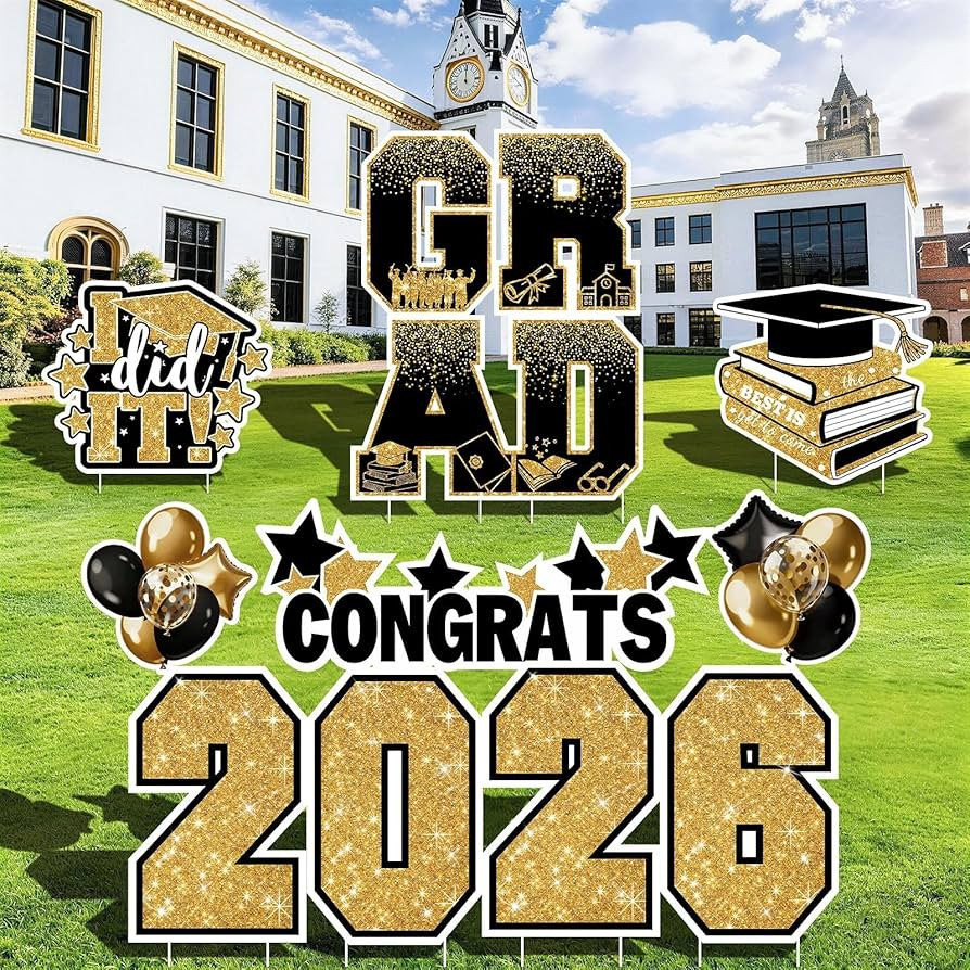 Graduation Yard Signs Class of 2026 Decorations, 11PCS Black Gold Congrats Grad 2026 Lawn Sign La... | Amazon (US)