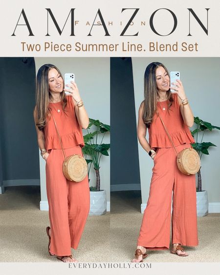 💥20% off Amazon Two Piece wide leg set with pockets. Size small in rust, tts (It's a little big on me. I am typically an xs) the small works. it's just a tag big. It has buttons up the back. You can wear a regular bra. The perfect summer and vacation outfit. 

💥20% off my bracelets code HOLLY20
10% off smart watchbands code EVERYDAYHOLLY (DM on Instagram for link) 

Circle rattan straw bag, sunglasses, summer sandals, Tory Burch sandals, resort, easy summer outfit.