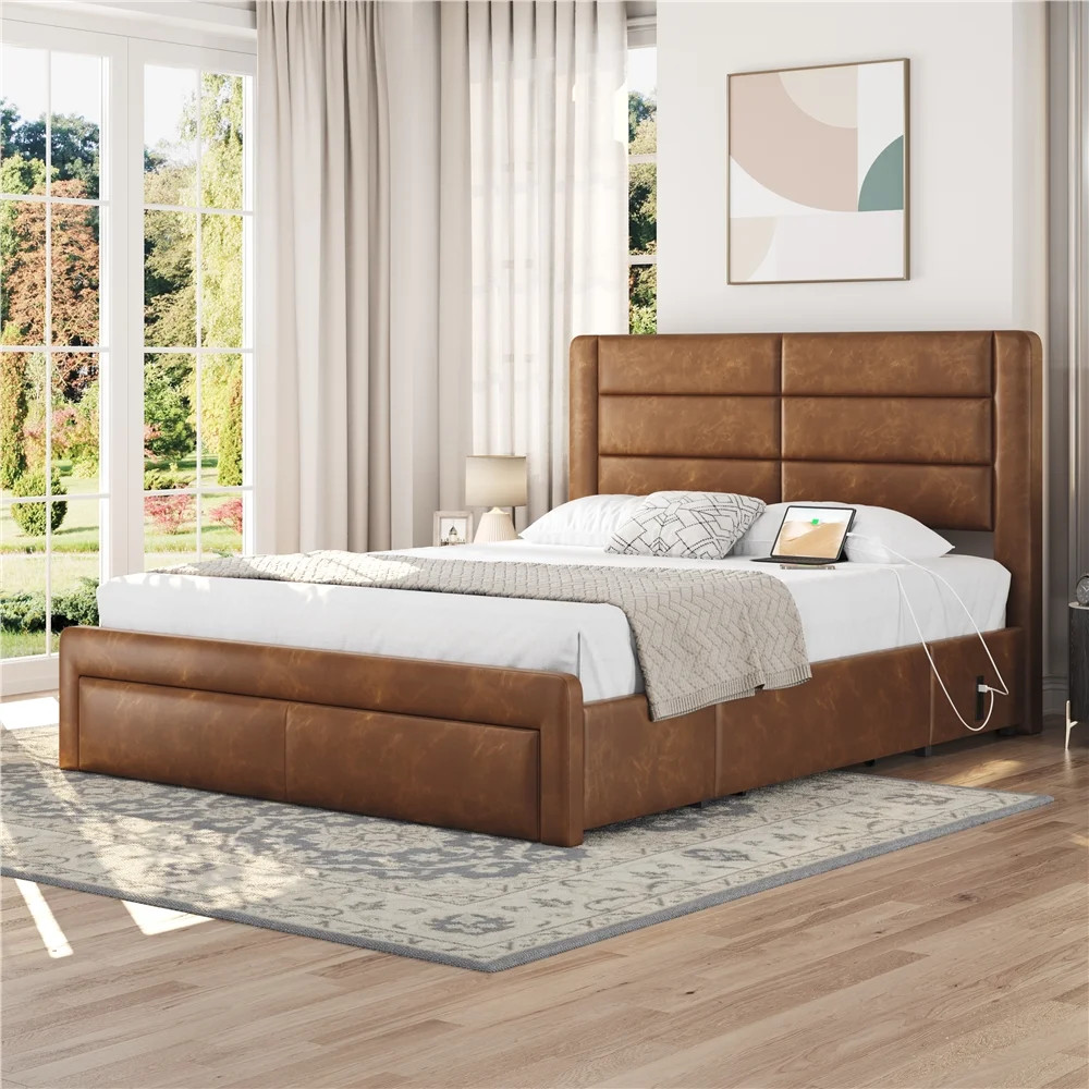 Topeakmart Upholstered Platform Queen Bed with Drawers and Charging Outlets, Amber Brown | Walmart (US)
