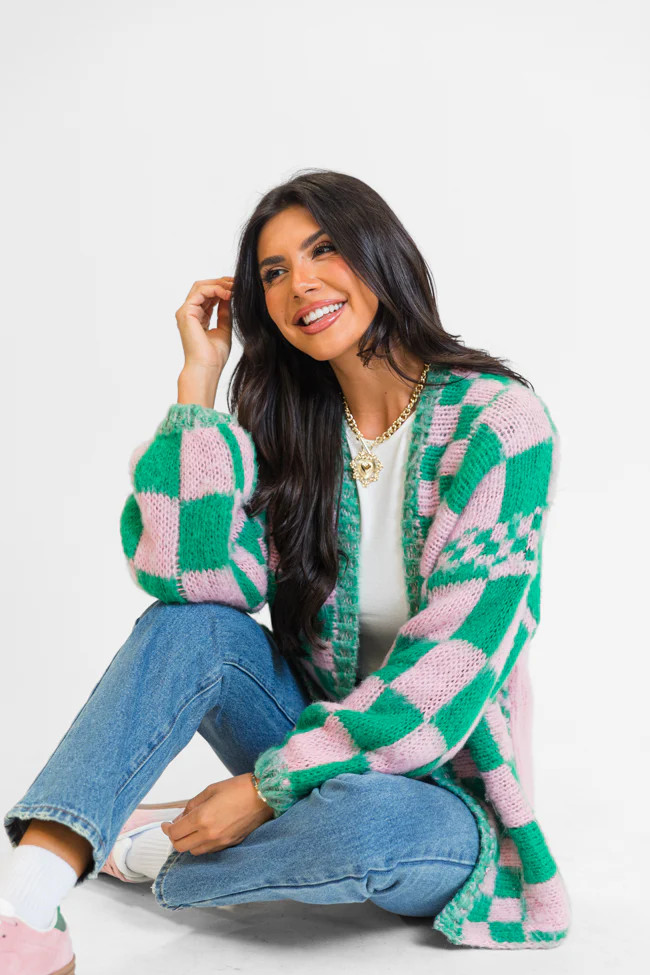 Atta Girl Pink and Green Checkered Cardigan | Pink Lily