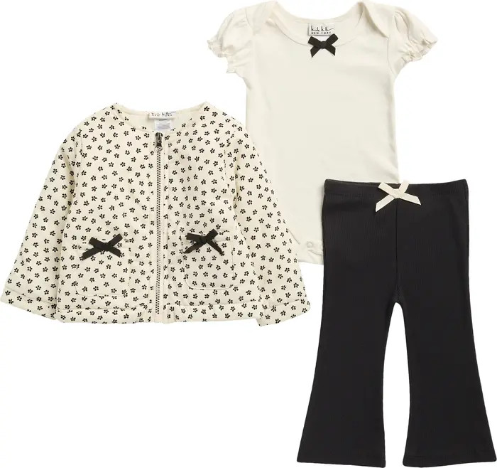 Nicole Miller Floral Zip Up Jacket, Bow Bodysuit & Flare Leggings Set | Nordstromrack | Nordstrom Rack