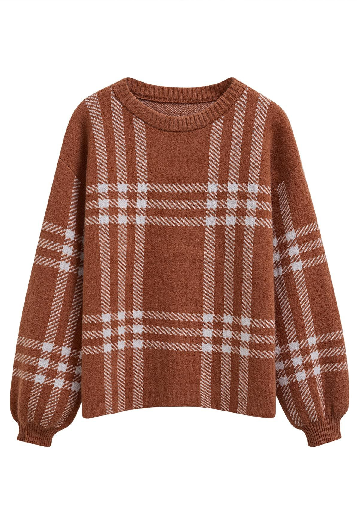 Classic Plaid Round Neck Knit Sweater in Caramel | Chicwish