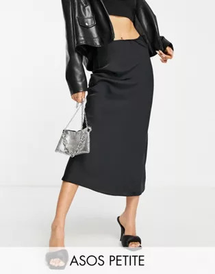 ASOS DESIGN Petite satin bias midi skirt in black | ASOS (Global)