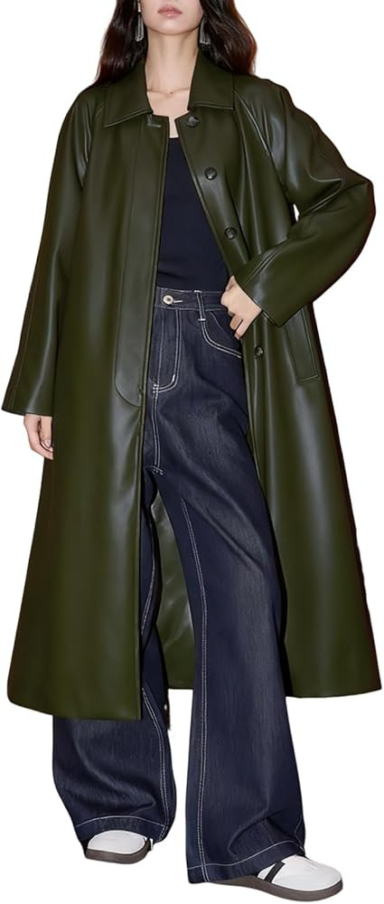 utcoco Womens Faux Leather Trench Coat Collared Button Down Long Leather Jackets with Belt | Amazon (US)