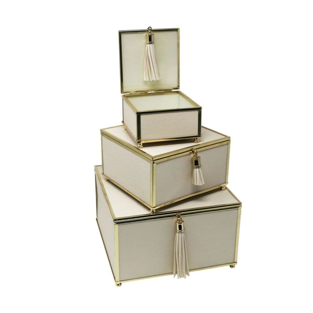 Remarkable Set Of 3 Storage Boxes With Tassel , White And Gold | Bed Bath & Beyond