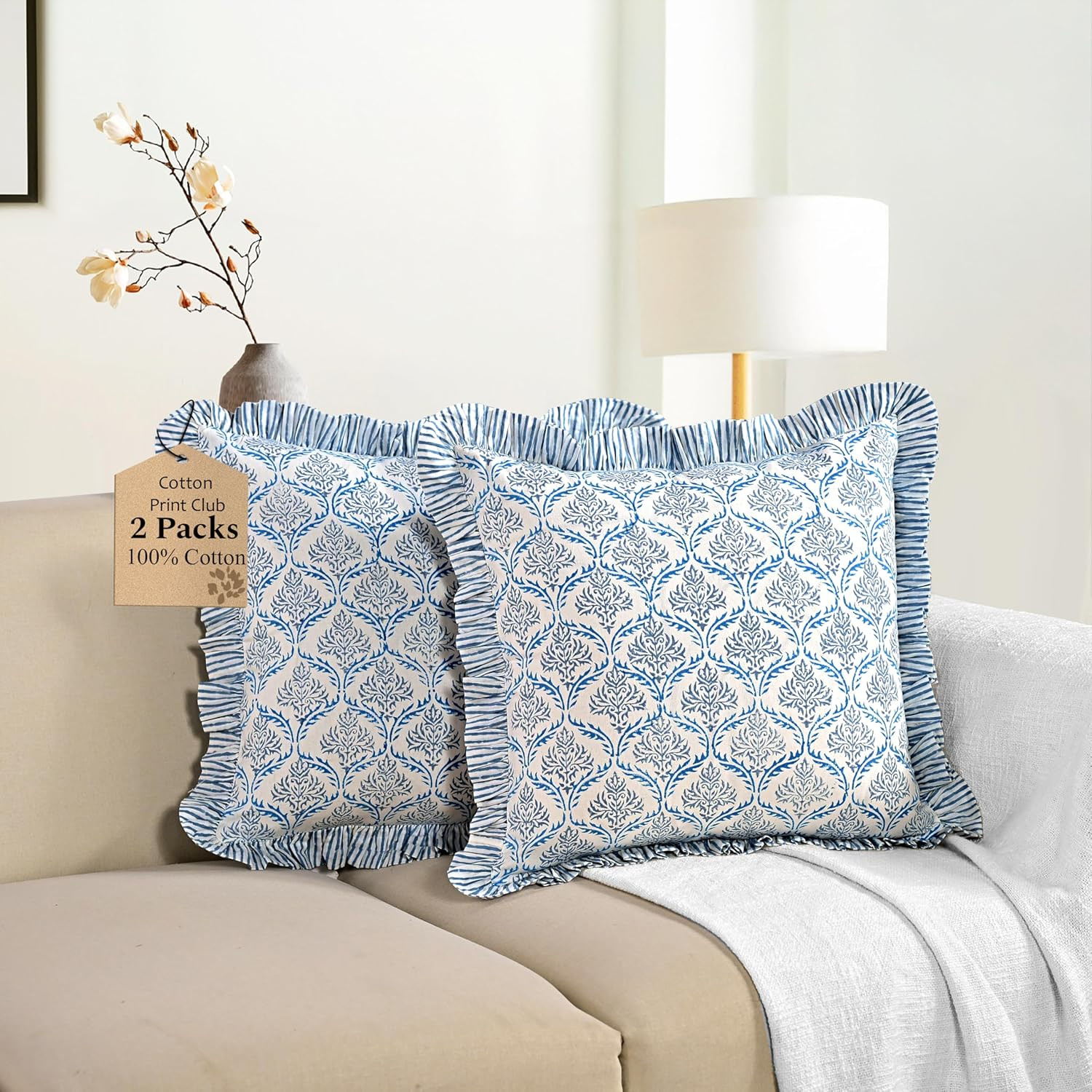 CPC Indigo Regal Hand Block Print 100% Cotton Ruffle Throw Pillow Cover 20x20 inch with Hidden Zi... | Amazon (US)