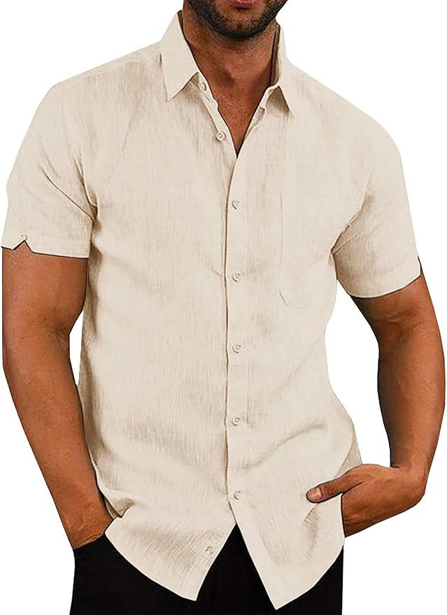 Oyamiki Mens Short Sleeve Regular-Fit Shirt Fishing Tees Linen Casual Button-Down Shirts | Amazon (US)