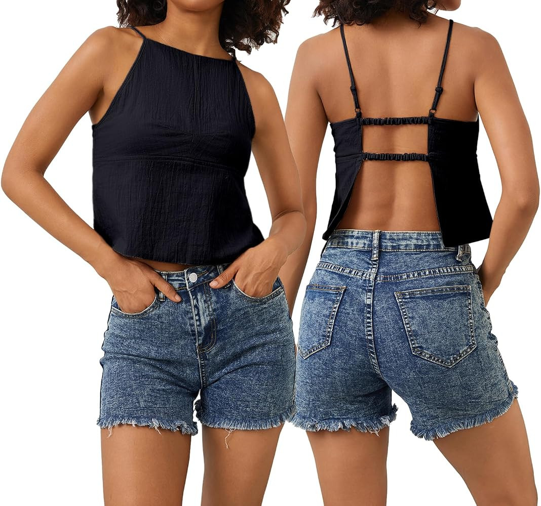 calbatic Women Sexy Backless Crop Tops Sleeveless Camisole Spaghetti Strap Corset Tank Top Summer... | Amazon (US)