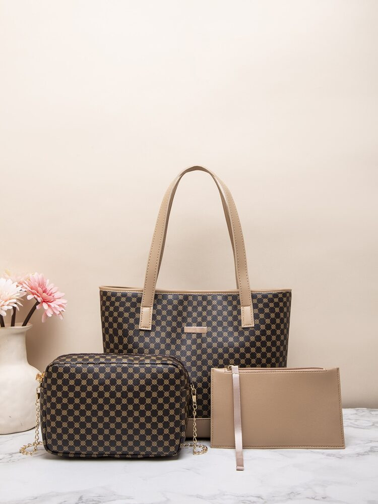 3pcs Geometric Pattern Metal Detail Shoulder Tote Bag Set | SHEIN