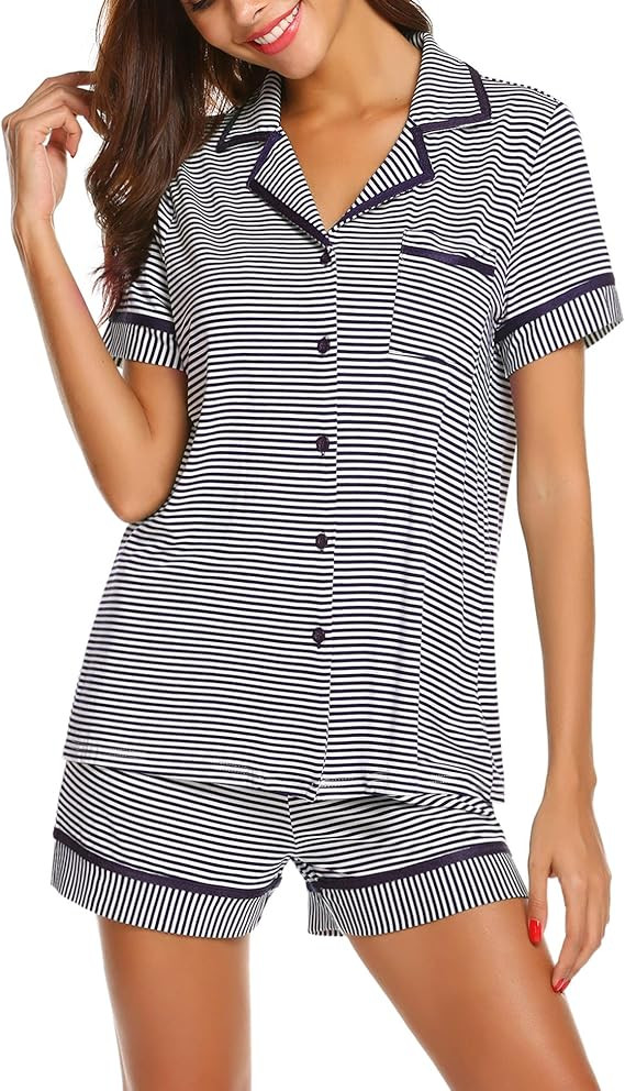 Ekouaer Pajamas Soft Striped Women's Short Sleeve Button Sleepwear Shorts Shirt PJ Set(S-XXL) | Amazon (US)