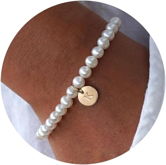 Ursteel Pearl Initial Bracelet for Women Girls - Dainty Gold Letter Charm Pearl Beaded Bracelet J... | Amazon (US)
