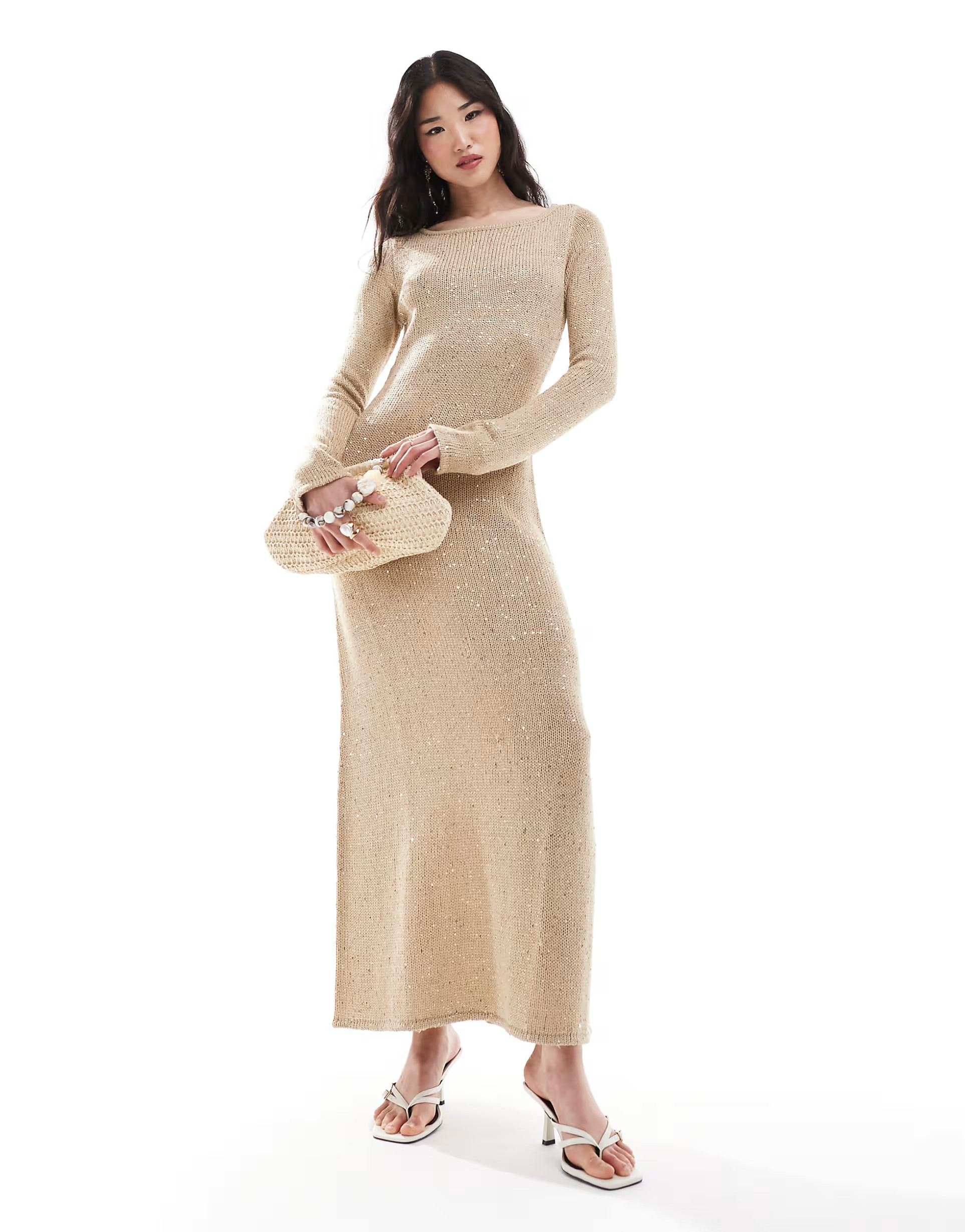 Pretty Lavish sequin long sleeve knit maxi dress in champagne gold | ASOS (Global)