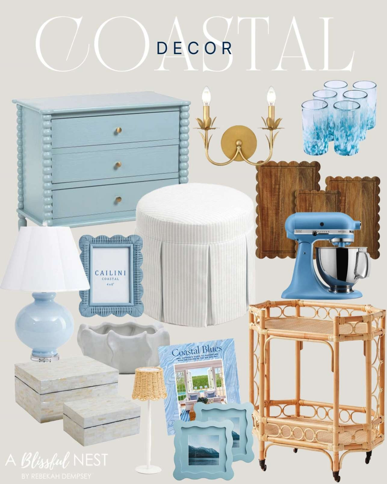 Bring a relaxed seaside vibe indoors with these beautiful finds. Shop now.

blue drawer spindle dresser, scallop rattan photo frame, Mexican drinking glasses, scalloped cutting boards, KitchenAid stand mixer, striped skirted ottoman, wavy picture frame, vintage wall sconce, table lamp with scalloped rattan shade, pearl decorative boxes, ceramic bowl vase, 2-tiered decorative bar cart, decorative book 

 #LTKHome