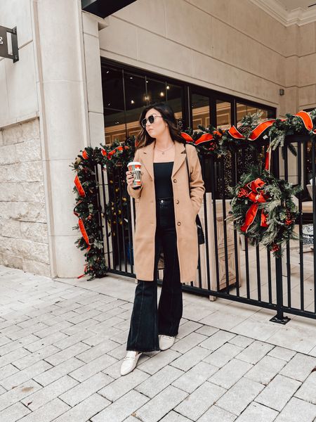 Holiday shopping outfit inspo - wearing a 29R in jeans, medium bodysuit, and medium regular coat. The Abercrombie coat sale is still going and this coat is 30% off! 

#LTKSeasonal #LTKHoliday #LTKsalealert