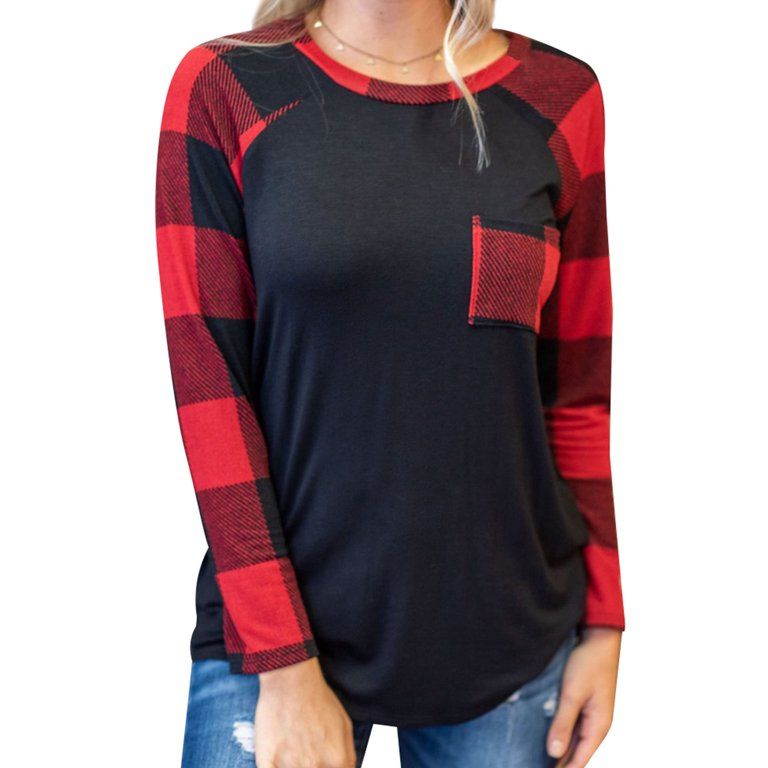 Women Red Black Plaid Spliced Long Sleeves Pocket Front Round Neck Top | Walmart (US)