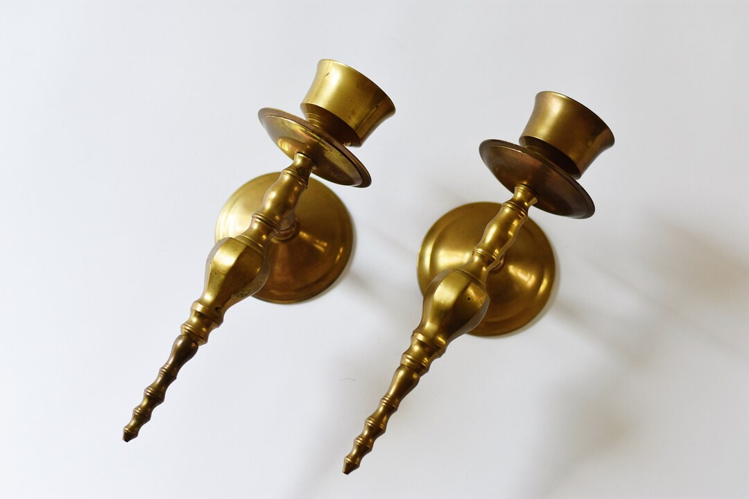 Pair of Vintage Brass Candlestick Sconces - Etsy | Etsy (US)