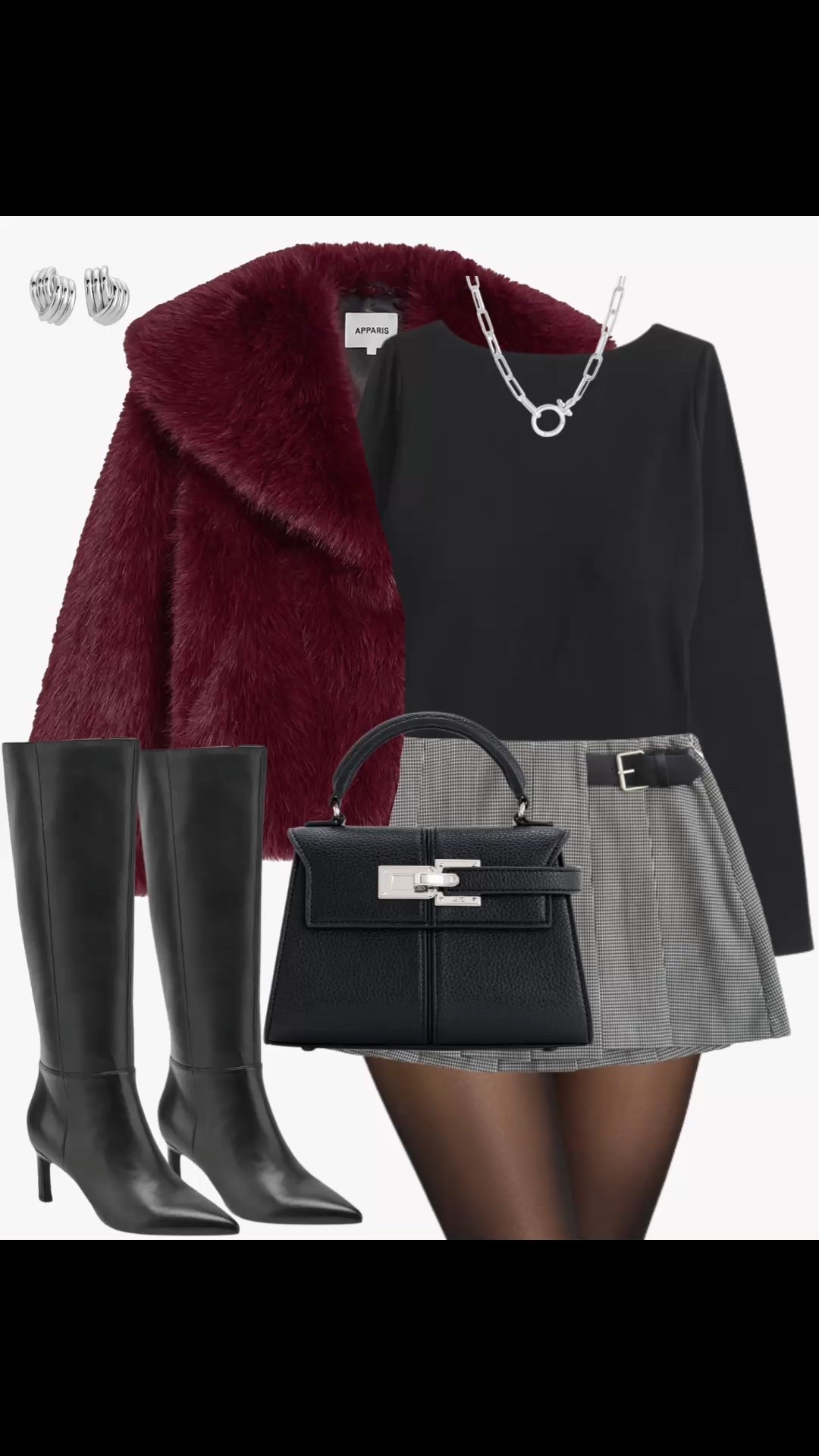 A holiday party outfit with a faux fur jacket, cowl back top, wrap mini skort, knee high boots, top handle bag 

#LTKCyberWeek #LTKSaleAlert #LTKHoliday