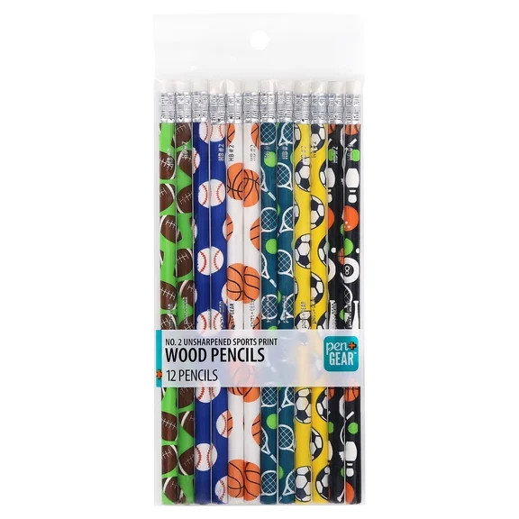 Pen+Gear Unsharpened Sports Print Wood Pencils, #2 HB, Multicolor, 12 Count | Walmart (US)