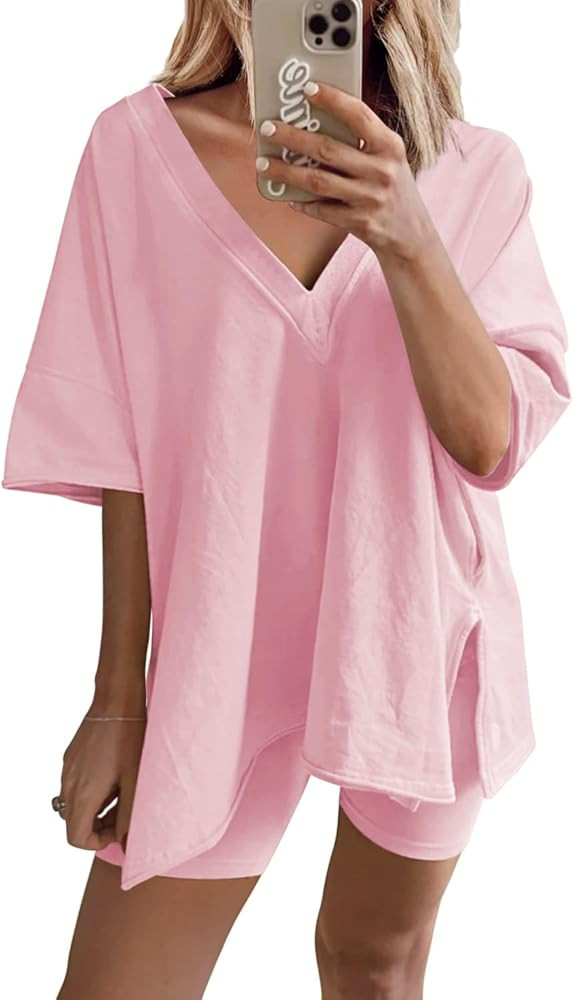 Ailoqing 2 Piece Outfits for Women Summer Oversized V Neck T Shirt Biker Short Sets Hot Shot Reve... | Amazon (US)