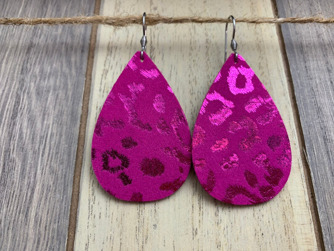 Sm. Teardrop Earrings Pink Leopard vegan Leather, Faux Leather, Trendy Earrings, Lightweight Earr... | Etsy (US)