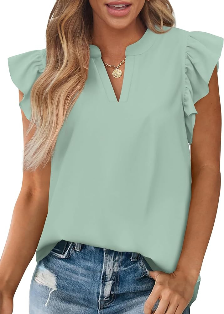 Zenlonr Womens Summer Tops 2026 Casual V Neck Ruffle Cap Sleeve Blouse Shirts Solid Color Tunic T... | Amazon (US)