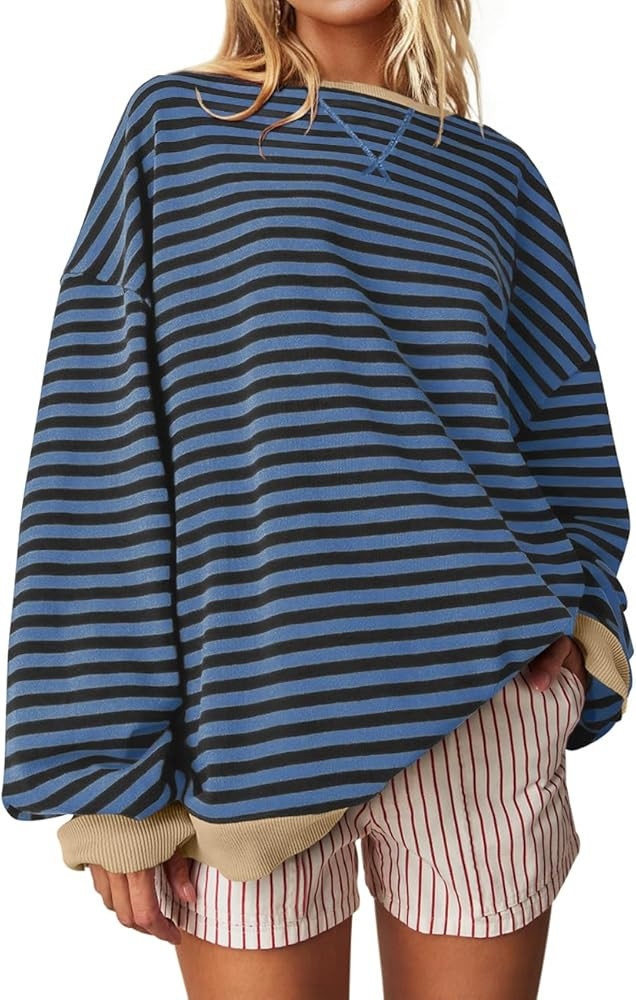 UEU Women Oversized Striped Crewneck Sweatshirt Long Sleeve Color Block Pullover Tops Casual Loos... | Amazon (US)