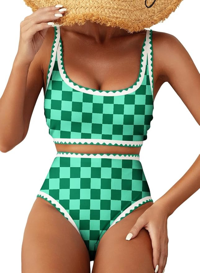 Women's Bikini Sets Floral Print Whip Stitch 2 Piece Swimsuits High Waisted Scoop Bathing Suits | Amazon (US)