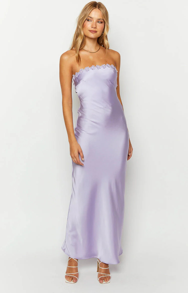 Rhea Purple Satin Strapless Maxi Dress | Beginning Boutique (US)