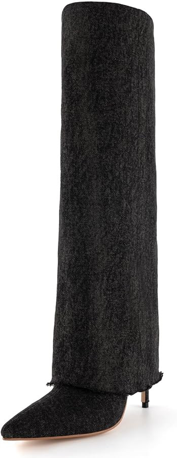 KaroNairy Womens Denim Thigh High Boots Pointy Toe Stiletto Heel Knee High Boots Cowboy Boots Tal... | Amazon (US)