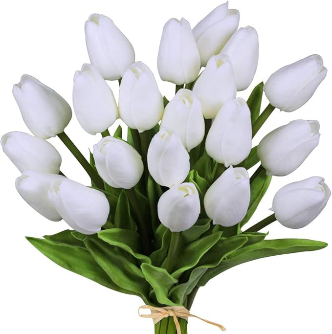 20 Pcs Artificial Tulip Flowers Real Touch PU Tulips Faux Tulip Stems in Pure White for Easter Sp... | Amazon (US)