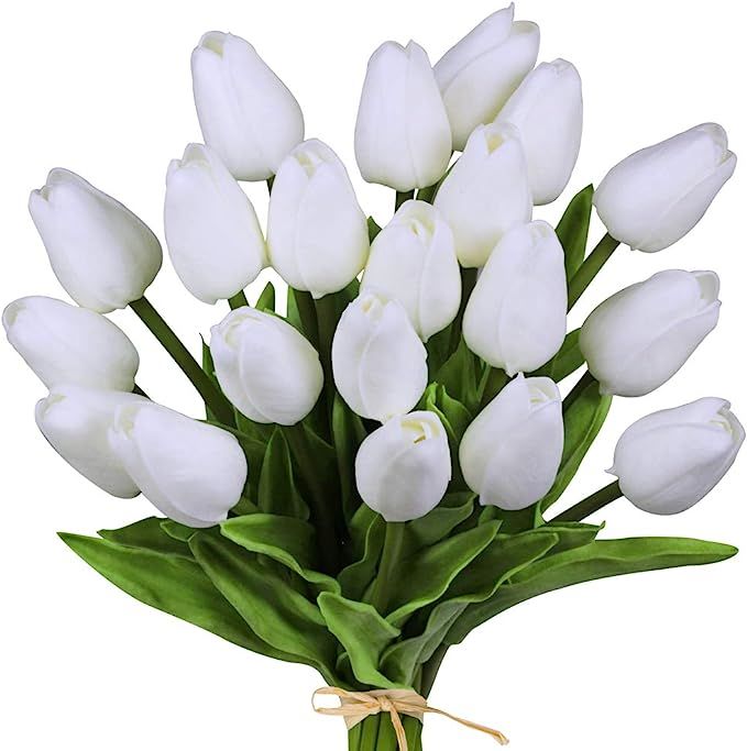 20 Pcs Artificial Tulip Flowers Real Touch PU Tulips Faux Tulip Stems in Pure White for Easter Sp... | Amazon (US)