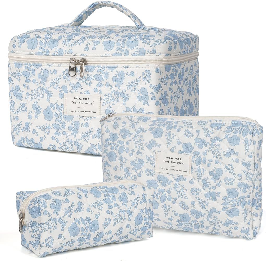 3 PCS Cotton Quilted Makeup Bag,Cute Cosmetic Bag for Women,Floral Coquette Aesthetic Makeup Bag ... | Amazon (US)
