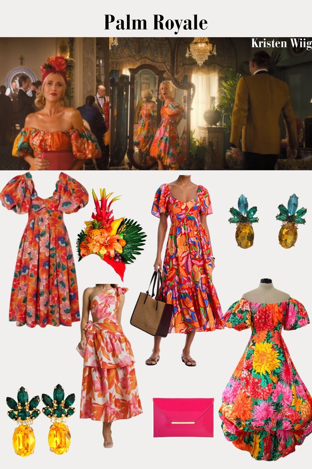 Maxine Simmons Outfit 3 Episode 4 - Maxine in a Spring 1987 Arnold Scaasi off-shoulder silk twill floral dress with a pouf skirt and a hot pink clutch.