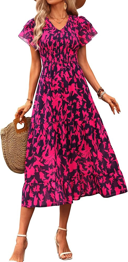 BTFBM Women Casual Summer Short Ruffles Tiered Sleeve Smocked Midi Dresses Bohemian Floral V Neck... | Amazon (US)