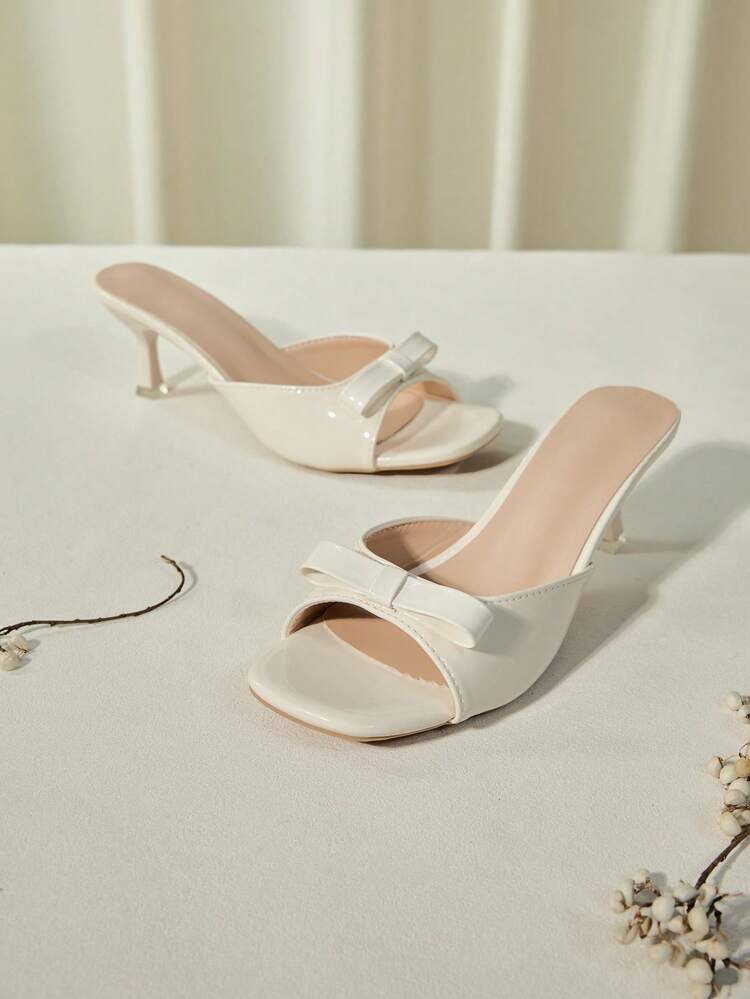 Women Bow Decor Mule Heeled Sandals, Elegant Outdoor Heeled Sandals Valentines Winter Gifts | SHEIN