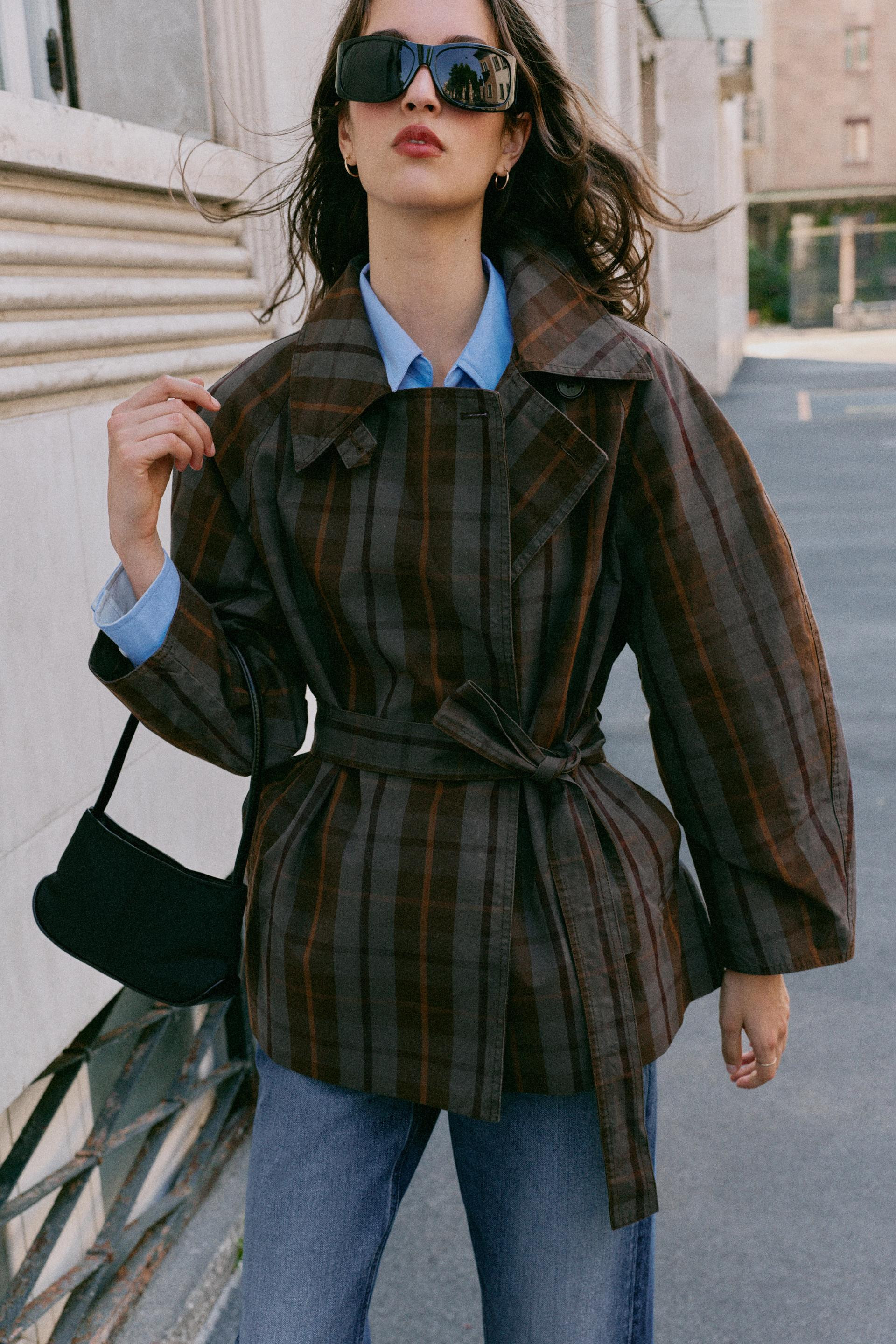 Zara - Plaid Belted Trench Coat - Brown-Blue - Xs - Woman | Zara US