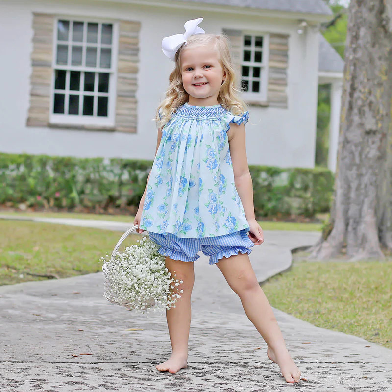 Happy Spring Blue Floral Smocked Bloomer Set | Classic Whimsy
