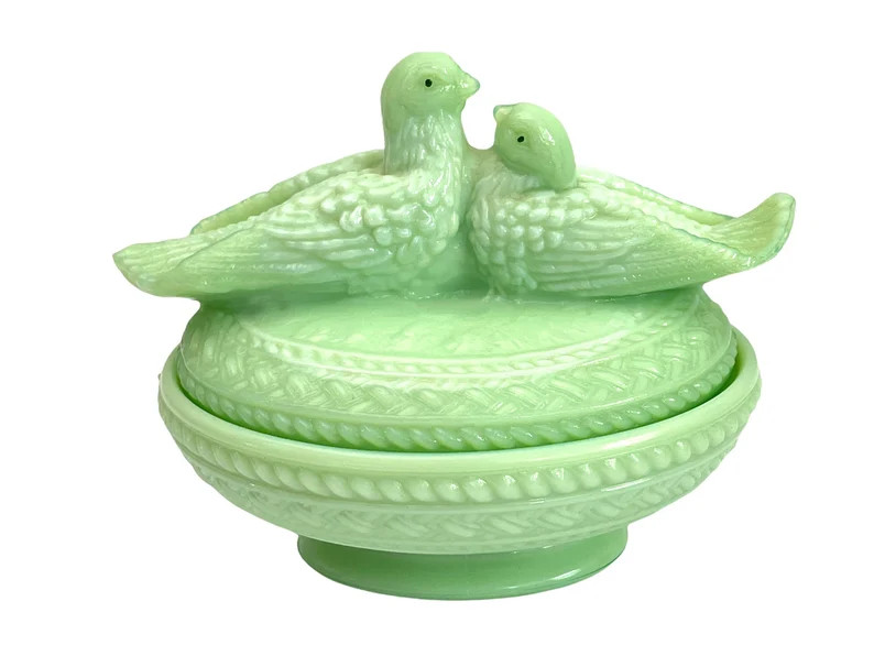 Vintage Westmoreland Jadeite Green Milk Glass Lovebirds Jar w/ Lid - Retro Animals Figurines Home... | Etsy (US)