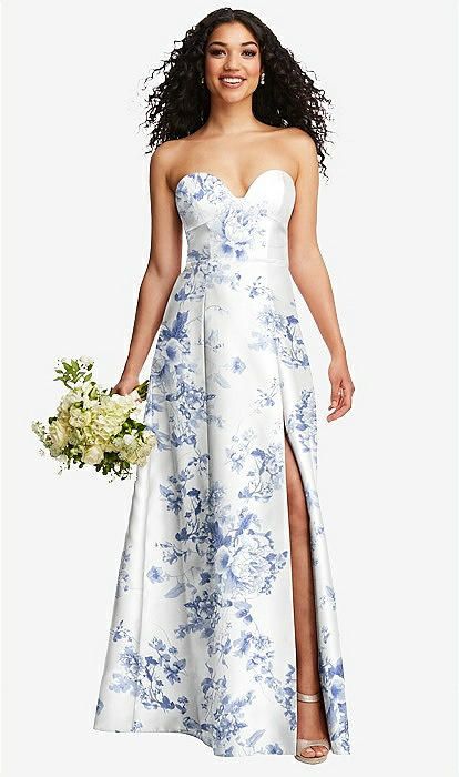 Strapless Bustier A-Line Floral Satin Gown with Front Slit in Cottage Rose Larkspur | The Dessy Group